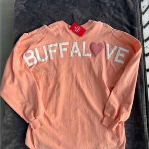 BuffaLove Coral Long-Sleeve Spirit Jersey Tee with Heart Graphic - NWT Size L